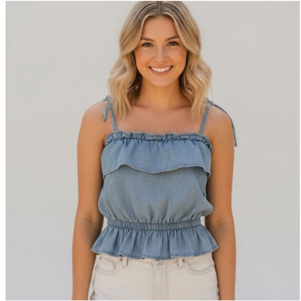 American Eagle Womens Blue Ruffled Denim Sleeveless Crop Top Shirt Extra Small - Picture 1 of 8